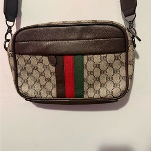 Elegant Brown and Beige Belt Bag with Red and Green Accents